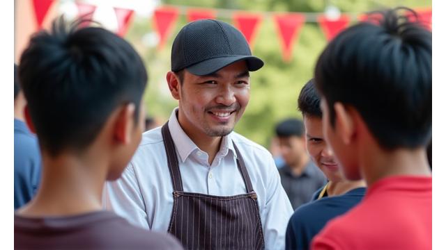 地域コミュニティのイベントで笑顔を見せるバーバーと人々の写真