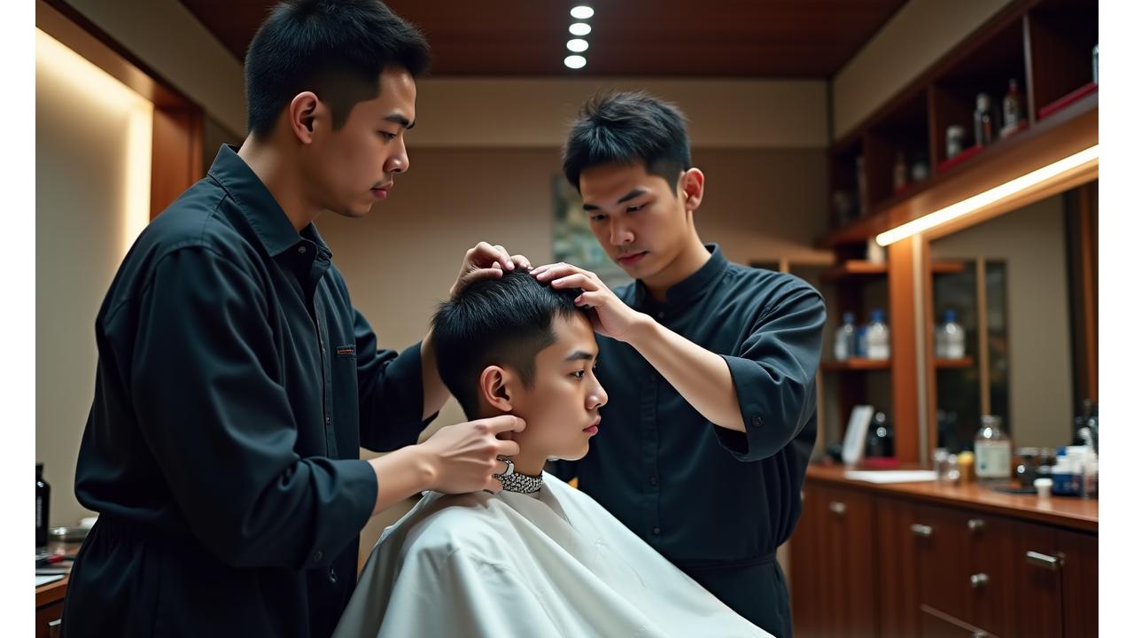 受講生が実際のバーバーショップで顧客の髪をカットしている様子。講師が横で見守り、指導している。
