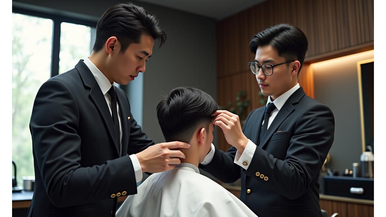 マスターバーバーが若手理容師に日本式精密カット技術を指導している様子。モダンでクリーンなバーバーショップの環境