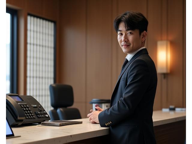 日本のバーバーショップの受付。電話とタブレットが置かれ、丁寧な対応を待つ雰囲気