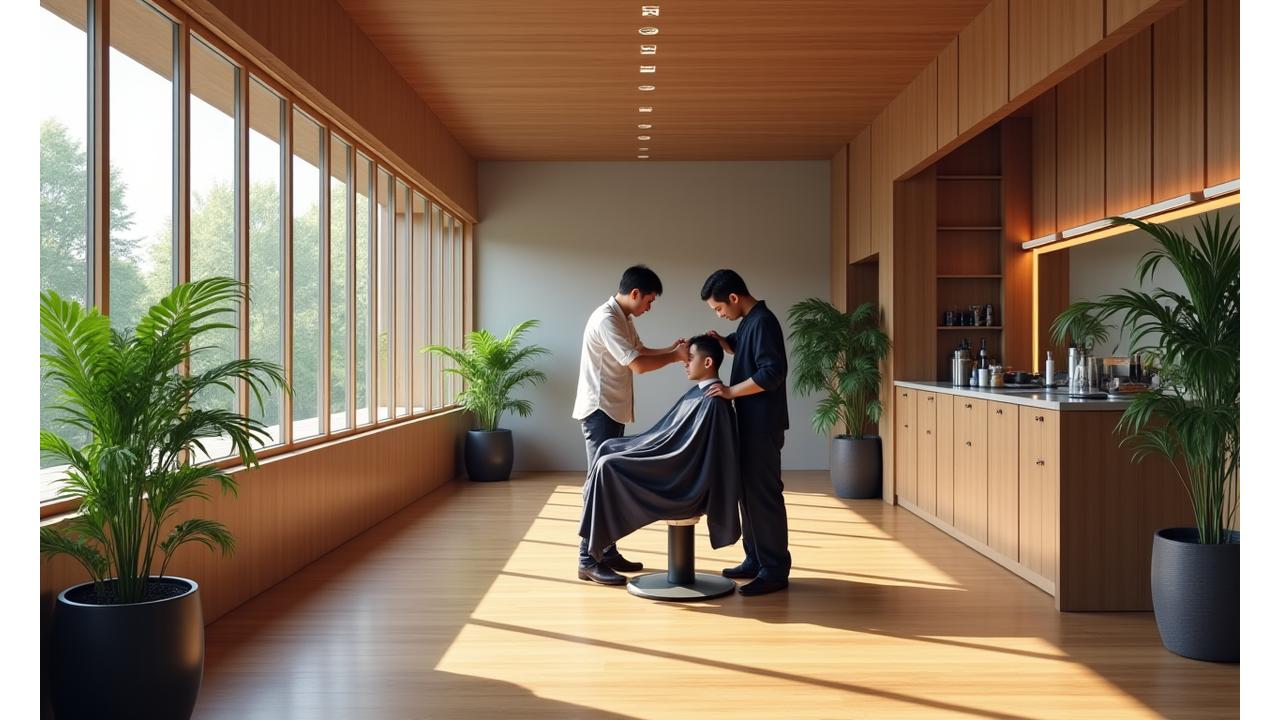 日本の禅庭園を思わせるミニマルで現代的なバーバーショップのインテリア、自然光が差し込み、木材、石、植物が調和した空間。お客様がリラックスして髪の毛をカットされている様子