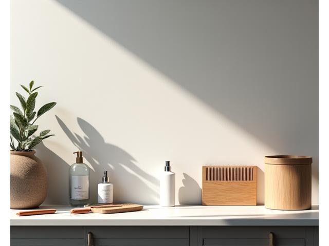 清潔で現代的な理髪店の作業台に、再利用可能な容器や竹製のブラシなど、ゼロウェイストの美容ツールが並べられている様子。最小限のゴミしか出ていないゴミ箱が端に見える。