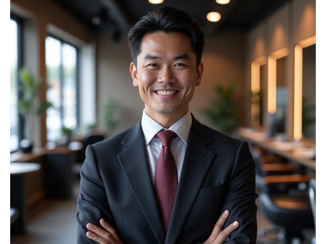成功したフランチャイズオーナーが自身のバーバーショップで笑顔で立つポートレート。店内は洗練された雰囲気。
