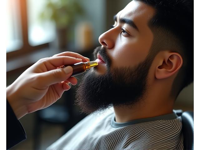 オーガニック製品を使用して丁寧に髭を整える男性のビアードケア風景