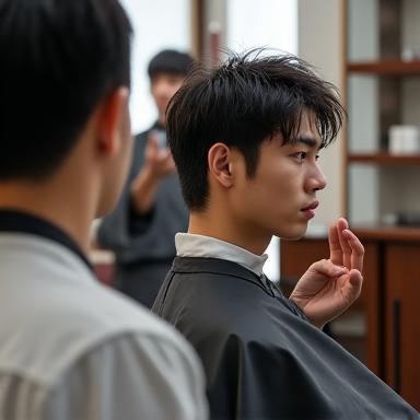 手本を示すバーバーと、スタイリング剤を手にする男性