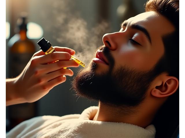 バーバーが顧客の髭にオーガニックオイルを塗布し、優しくマッサージしている様子。