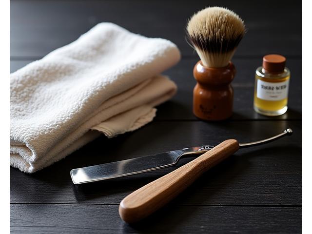危険剃刀、温タオル、シェービングクリーム、プレシェーブオイルが整然と並べられたシェービングプロセスの道具。モダンで清潔感のある構図。