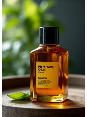 高級感のある琥珀色のプレシェーブオイルのボトル。木製の背景に置かれ、自然光が当たっている。